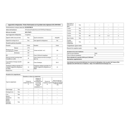 Congélateur armoire DE DIETRICH DFU1781FN - ENCASTRABLE 177CM