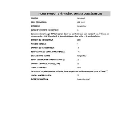 Congélateur armoire WHIRLPOOL AFB18401 - ENCASTRABLE 178CM