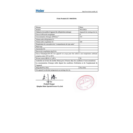 Cave de vieillissement HAIER WS120GA