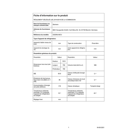 Congélateur armoire SIEMENS GS58NAWCV