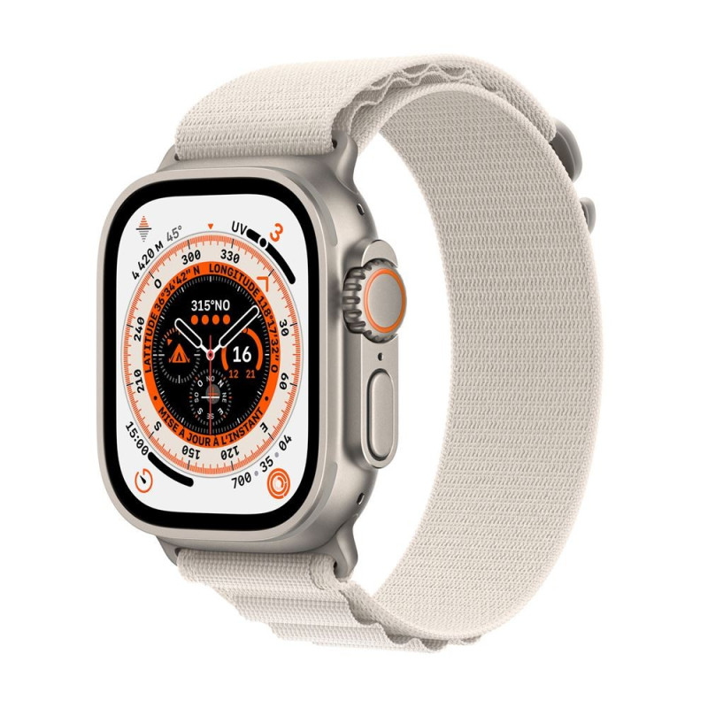 Apple Watch Ultra + Cellular, boîtier Titane 49mm avec Boucle Alpine Lumière Stellaire Taille L Apple Watch Ultra + Cellular, boîtier Titane 49mm avec Boucle Alpine Lumière Stellaire Taille L