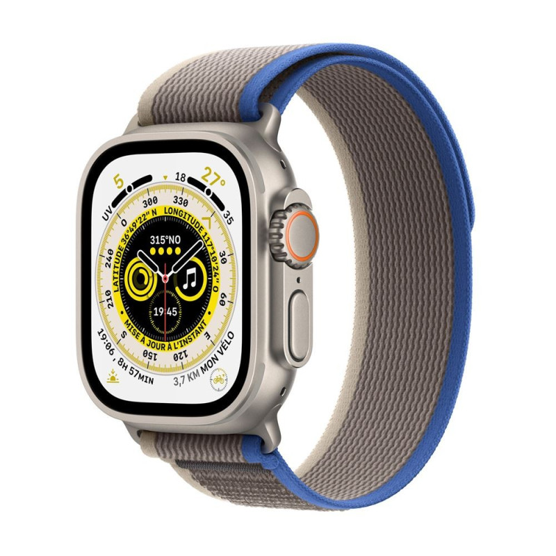Apple Watch Ultra + Cellular, boîtier Titane 49mm avec Boucle Trail Bleu / Gris Taille M/L Apple Watch Ultra + Cellular, boîtier Titane 49mm avec Boucle Trail Bleu / Gris Taille M/L