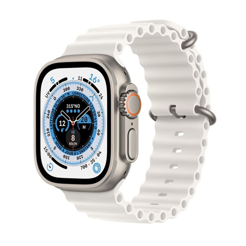 Apple Watch Ultra + Cellular, boîtier Titane 49mm avec Bracelet Océan Blanc Apple Watch Ultra + Cellular, boîtier Titane 49mm avec Bracelet Océan Blanc