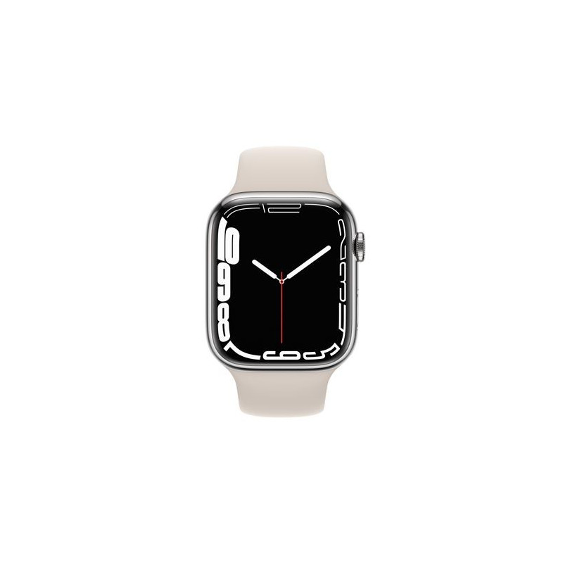 Apple Watch Series 7 GPS + Cellular, boîtier Acier Inoxydable Argent 45mm avec Bracelet Sport Lumière Stellaire Apple Watch Series 7 GPS + Cellular, boîtier Acier Inoxydable Argent 45mm avec Bracelet Sport Lumière Stellaire