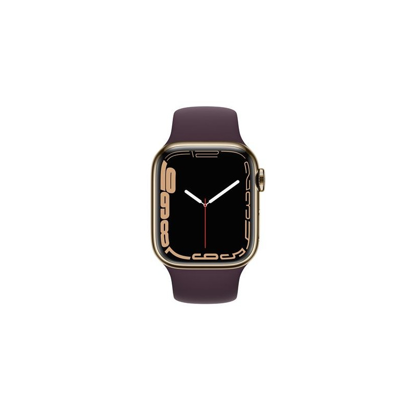 Apple Watch Series 7 GPS + Cellular, boîtier Acier Inoxydable Or 45mm avec Bracelet Cerise Noire Apple Watch Series 7 GPS + Cellular, boîtier Acier Inoxydable Or 45mm avec Bracelet Cerise Noire