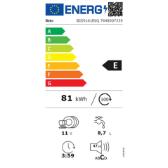 Lave-vaisselle BEKO ENCASTRABLE - BDIS161E0Q 45CM